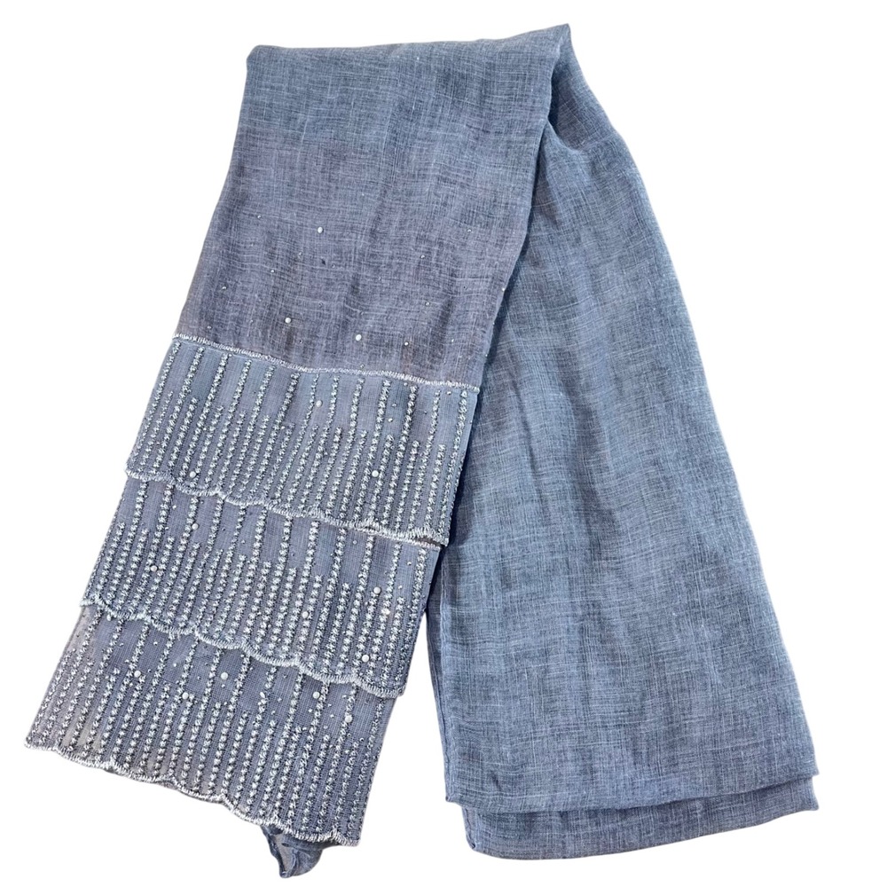 ZARA Modal Blend‎ Chambray Blue Rhinestone Scallop Lightweight Scarf